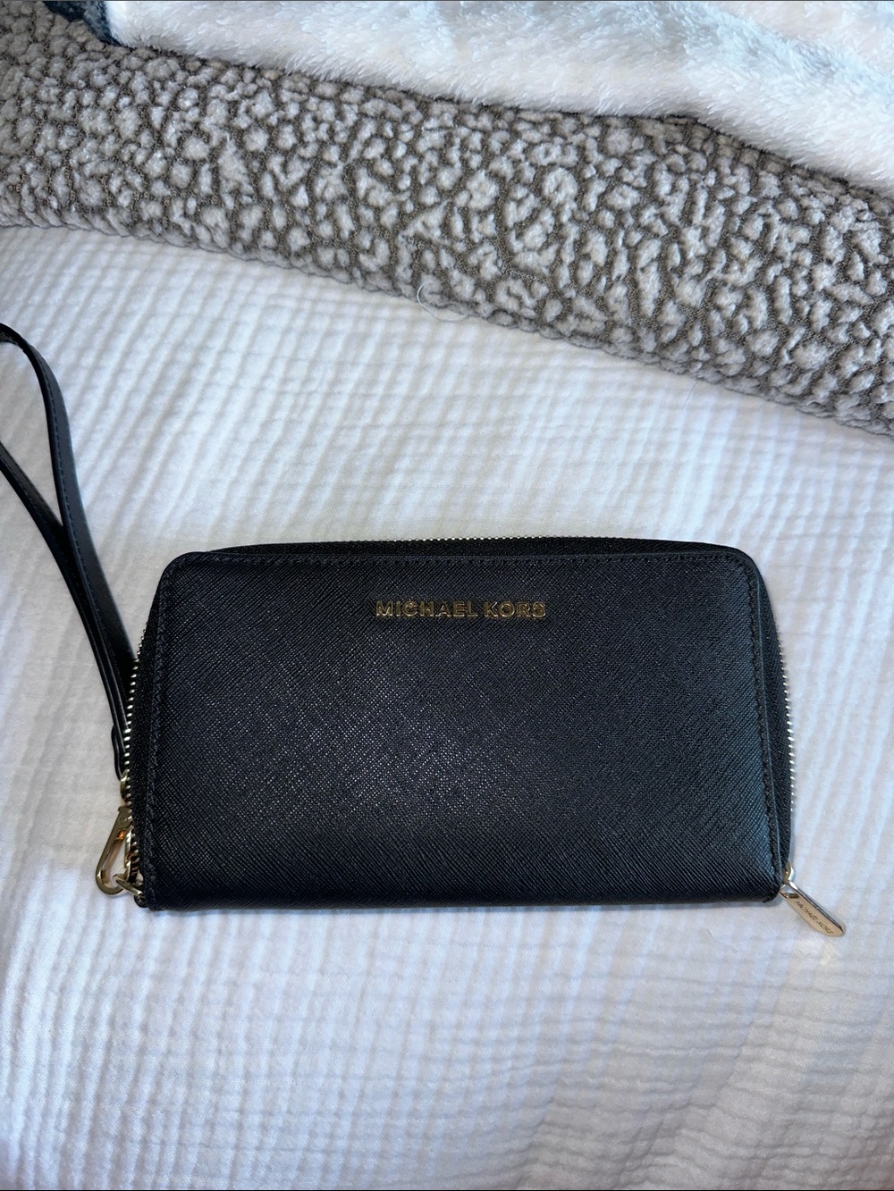 Michael Kors Black Saffiano Zip Wristlet with Gold Hardware